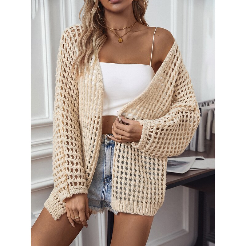 Women's Cardigan Daily Geometric Crochet Open Front Knitted Long Sleeve Long Tops Knit Outdoor Daily Going out White Beige Summer Fall2