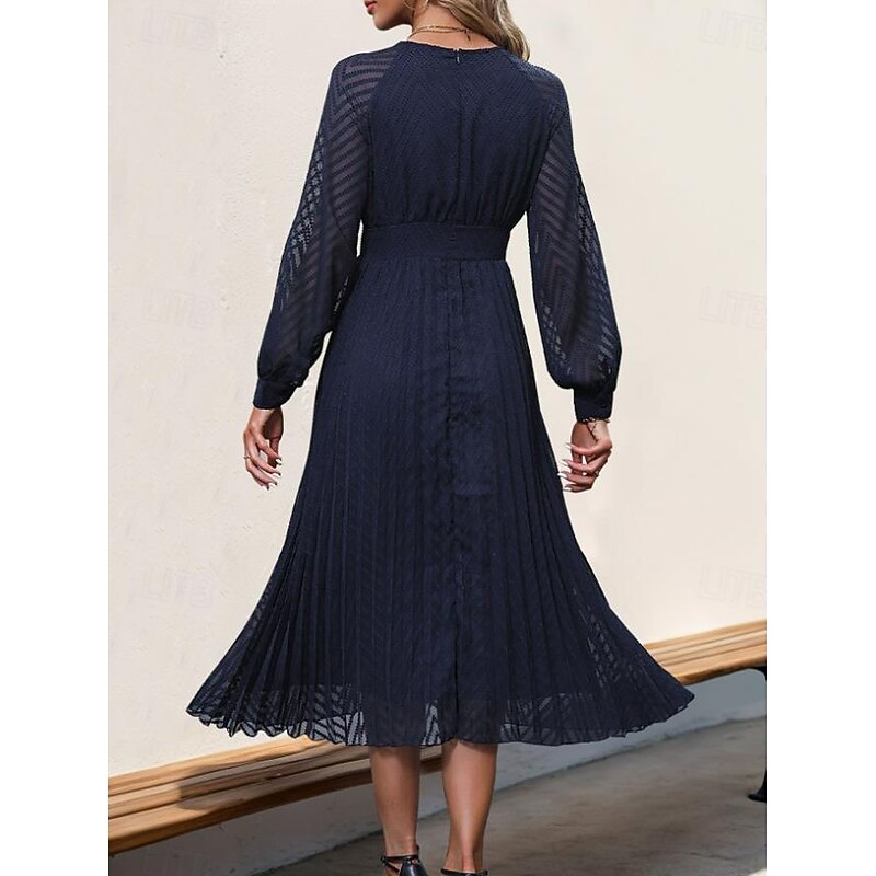 Women's Plain Dress Midi Dress Mesh Patchwork Elegant Vintage V Neck Long Sleeve Black Blue Color4