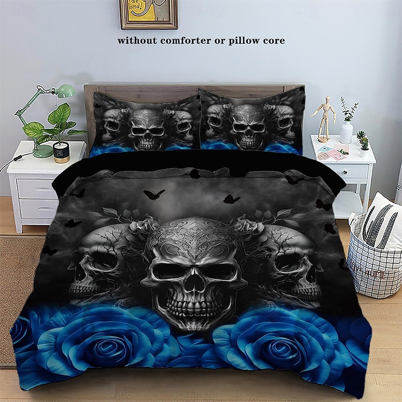 Gothic Cool Skull Floral Print 3-Piece Duvet Cover Set Bedding Set - Unique and Artistic Design - Includes Duvet Cover and Pillowcases - Soft and Durable Fabric - Perfect for Adding an Edgy Touch to Your Bedroom Decor3