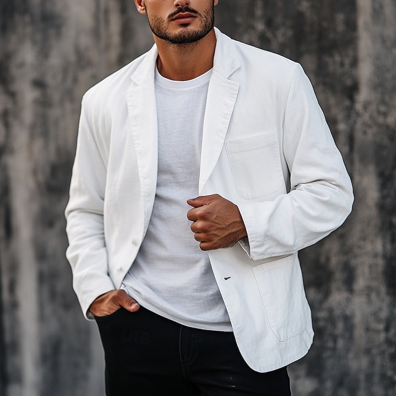 Men's Lightweight Jacket Blazer Jacket Linen Blazer Formal Office Spring & Summer Cotton And Linen Solid Color Comfy Single Breasted Blazer White Beige