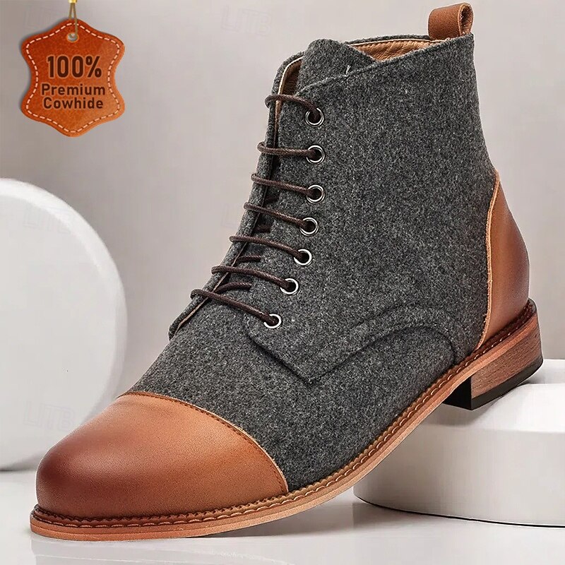 Men's Vintage Lace-Up Ankle Boots with Cloth Fabric and Leather, Stylish and Comfortable for Daily Wear