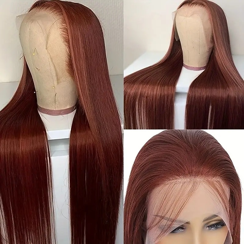 Chocolate Brown 33# 13*4 Lace Frontal Wigs Straight Human Hair Wigs 150% Density With Baby Hair2