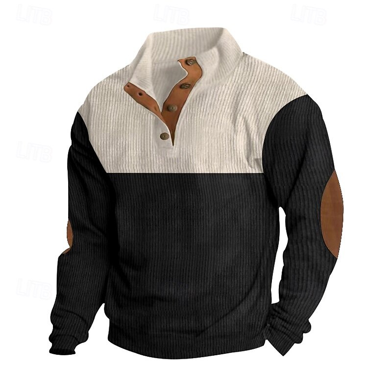 Men's Sweatshirt Black Wine Navy Blue Brown Gray Standing Collar Color Block Patchwork Ribbed Textured Sports & Outdoor Daily Holiday Polyester Corduroy Streetwear Basic Casual Spring &  Fall3