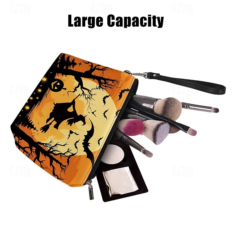 Halloween Themed Wristlet Bag with Witch and Pumpkin Design - Perfect for Trick-or-Treating and Holiday Parties3