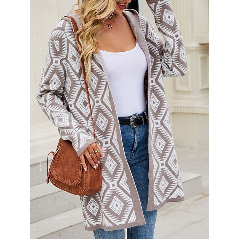 Women's Zip Sweater Sweater Jacket Casual Sweater Casual Soft Geometric Paisley Crew Neck Zipper Hooded Long Sleeve Regular Tops Knit Outdoor Daily Weekend Wine Red Black Fall Winter