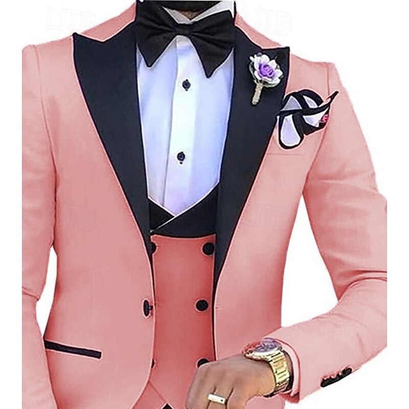 Men's Wedding Party Suits Peak White Pink Solid Colored Tailored Fit 3 Piece Single Breasted One-button2