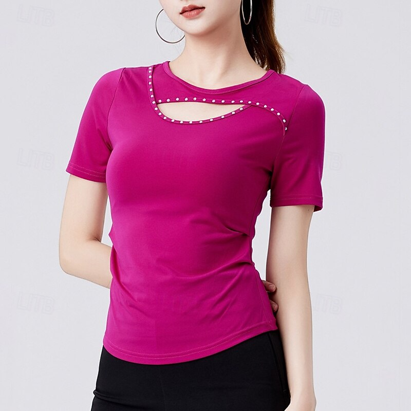 Latin Dance Top Hollow-out Pure Color Splicing Women's Performance Training Short Sleeve High Polyester3
