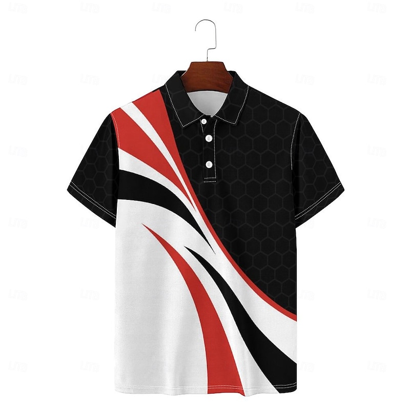 3D Line Men's Casual Print Polo Set Casual Daily Wear 95% Polyester 5% Spandex Short Sleeve Turndown Polo Shirts White Spring & Summer S M L Micro-elastic Lapel Polo3