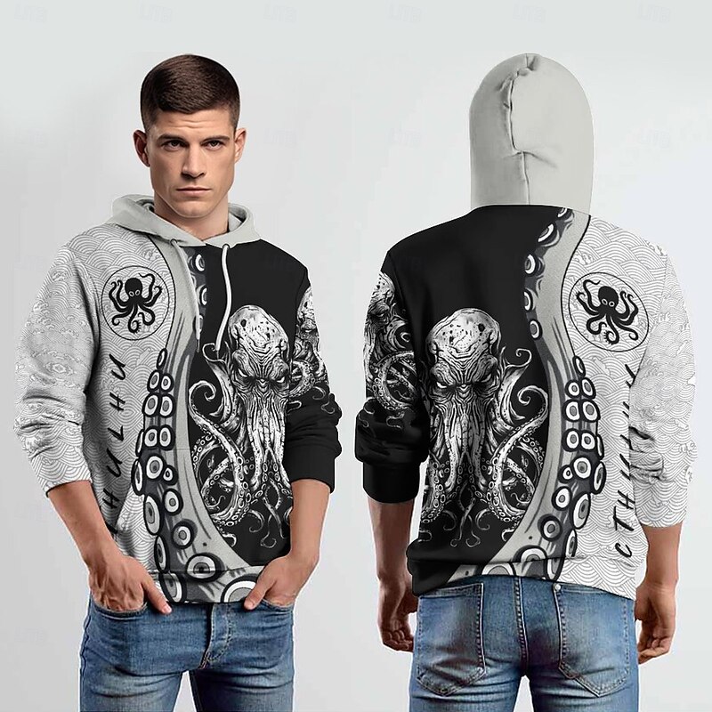 Men's Graphic Gothic Horror Octopus Hoodie Hoodies Sweatshirt Fashion Daily Long Sleeve Hooded Vacation Streetwear Black Grey Printing Fleece Winter Spring &  Fall Designer2