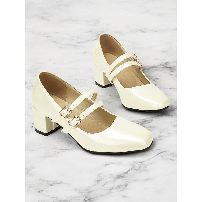 Women's Cream Patent Leather Mary Jane Block Heels with Double Buckle Straps, Vintage-Inspired for Formal and Casual Wear3