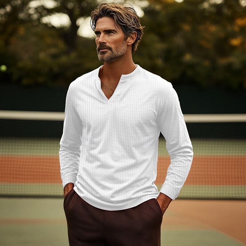 Men's Waffle Shirt T Shirt Tee Top Long Sleeve Shirt Long Sleeve V Neck Spring &  Fall Plain Fashion Designer Basic Vacation Street Going out Black White Gray Top Tee for Men2