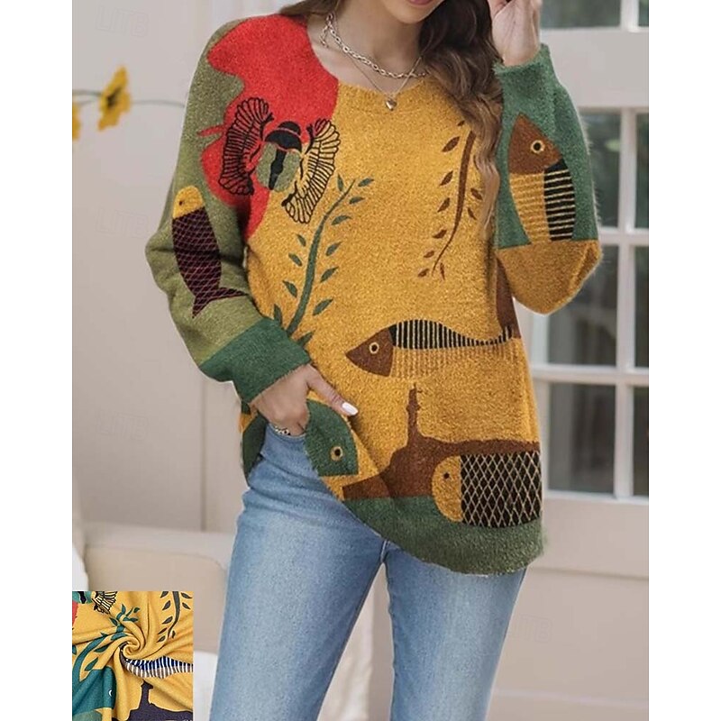 Women's Sweater Cute Streetwear Casual Graphic Animal Crew Neck Knitted Long Sleeve Long Tops Knit Work Yellow Fall Winter