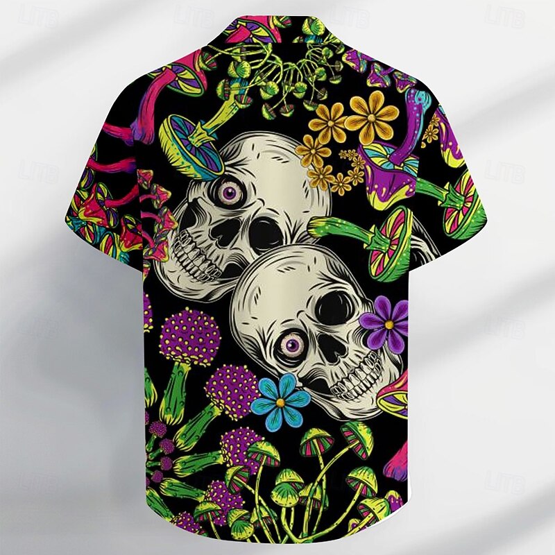 Men's Skull Halloween Costumes Button Up Shirt Short Sleeve Casual Dark Vacation Party Evening Wear Daily Summer Collared Shirts Button Up 3D Print Black2