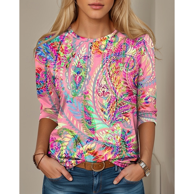 Women's T shirt Long Sleeve Casual Print Regular Tops Daily Pink Spring Fall Prefall