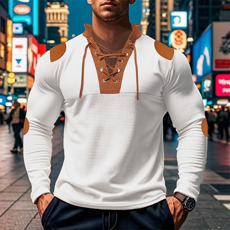 Men's Waffle Shirt T Shirt Tee Tee Top Long Sleeve V Neck Spring &  Fall Color Block Fashion Designer Basic Drawstring Vacation Street Going out Black White Royal Blue Top Tee for Men2
