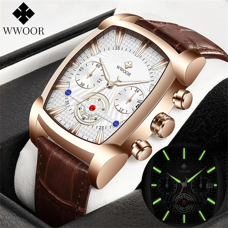 WWOOR Men Quartz Watch Fashion Casual Business Wristwatch Luminous Calendar Chronograph Waterproof Steel Watch