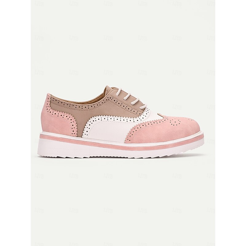 Women's Pink and Beige Brogue Oxford Sneakers, Lace-Up Casual Shoes with Wingtip Detailing for Everyday Wear 6