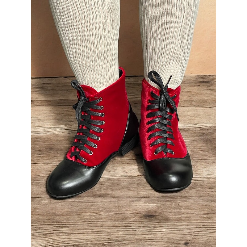 Women's Victorian Red and Black Lace-Up Ankle Boots with Suede and Leather Contrast - Vintage-Inspired Flat Heel Shoes for Cosplay and Formal Events3
