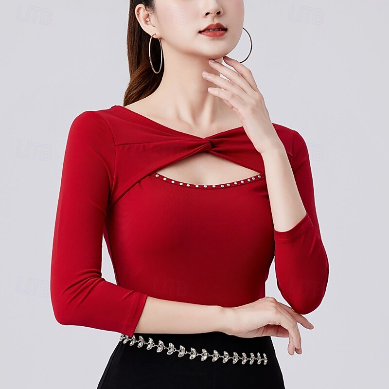 Latin Dance Top Pure Color Splicing Crystals / Rhinestones Women's Performance Training 3/4 Length Sleeve High Polyester3