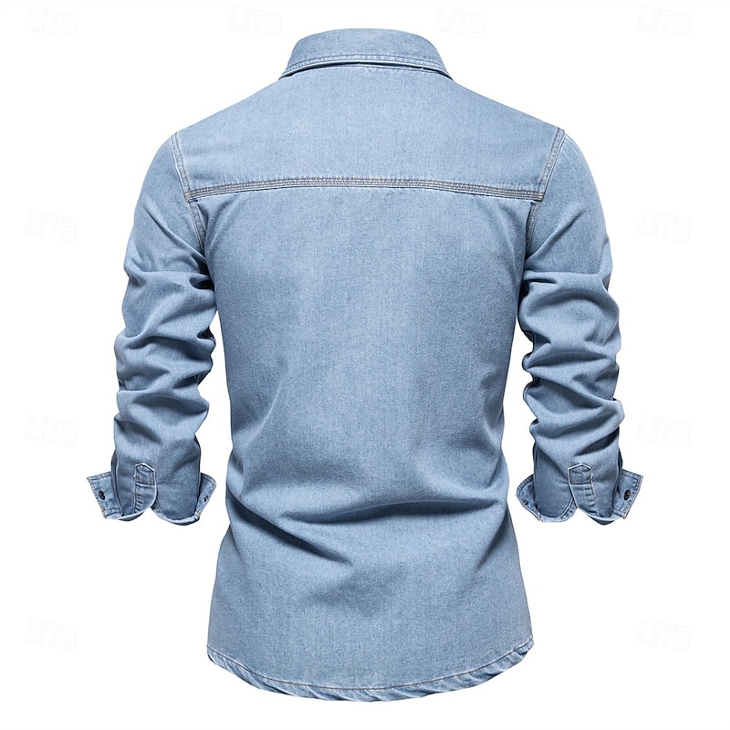 Men's 100% Cotton Shirt Button Up Shirt Casual Shirt Button Down Shirt Blue Long Sleeve Solid Color Turndown Shirt Collar Outdoor Work Pocket Clothing Apparel Neutral Daily Sports & Outdoors4