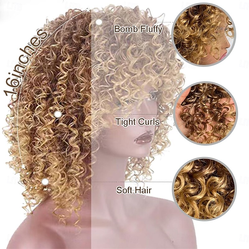 Afro Blonde Curly Wigs for Black Women,Kinky Blonde Wig With Bangs Synthetic Heat Resistant Hair for Daily Use3