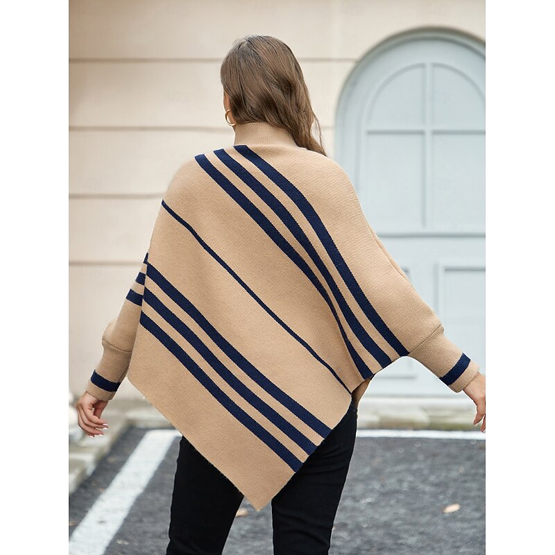 Women's Sweater Jacket Casual Soft Geometric Turtleneck Patchwork Long Sleeve Long Tops Knit Outdoor Daily Weekend Khaki Fall Winter2