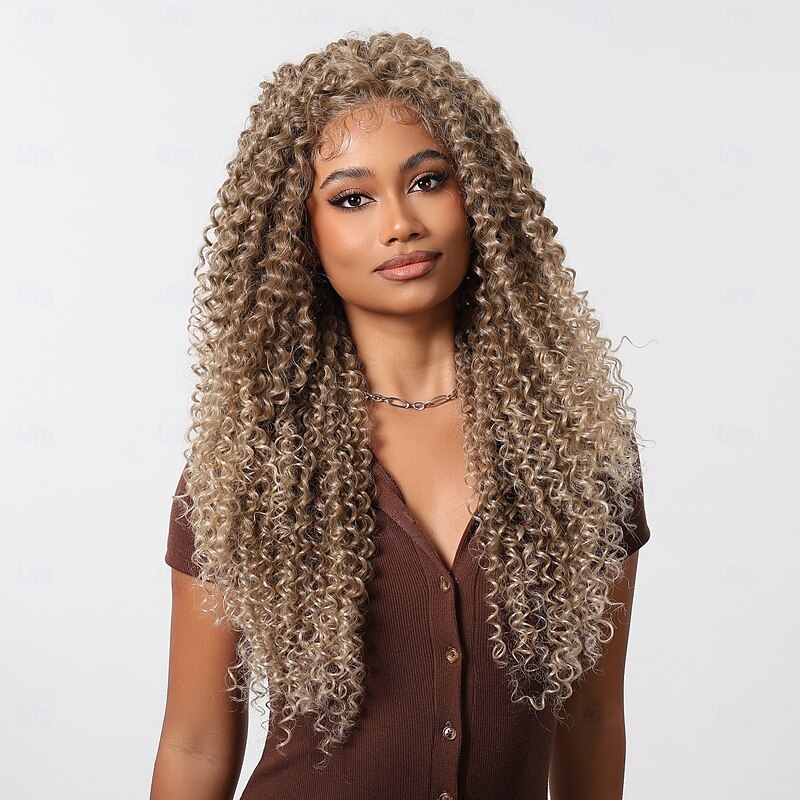 Synthetic Lace Wig Curly Style 28 inch Light Brown Middle Part 13x6 Lace Front Wig Women's Wig Light Brown3