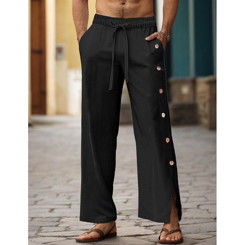 40% Linen Men's Linen Pants Trousers Summer Pants Drawstring Elastic Waist Side Button Plain Comfortable Breathable Vacation Office / Career Daily Classic Casual Black White2