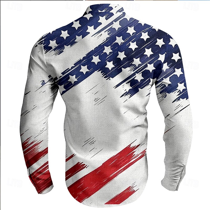 American Independence Day Men's American Flag Patriotic Button Up Shirt Long Sleeve Casual Vacation Daily Summer Spring &  Fall Grandad Collar Band Collar 3D Print Blue2