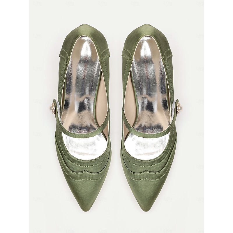 Green Mary Jane Satin Heels with Pearl Button - Elegant Women's Dress Shoes for Formal Events and Office Wear4