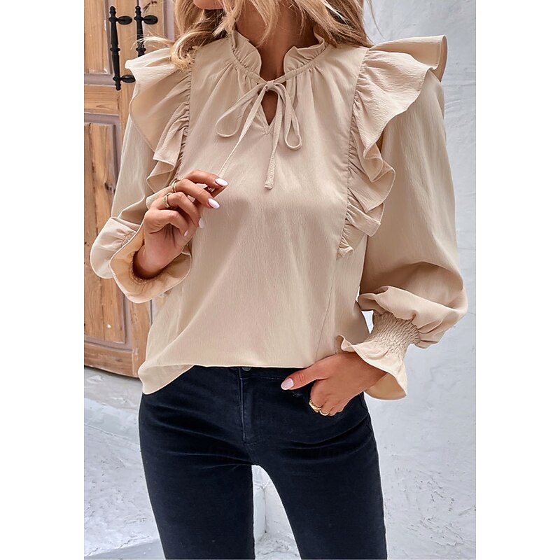 Women's Blouse Stylish Modern Ruffle Long Sleeve Regular Tops V Neck Work Daily Camel Spring Fall3