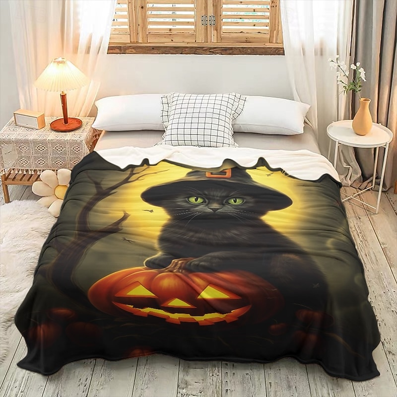 Halloween Decoration Cat Throw Blanket - Soft and Cozy Fleece with Spooky Cat Design - Perfect for Halloween Decor or Snuggling Up - Durable and High-Quality Fabric