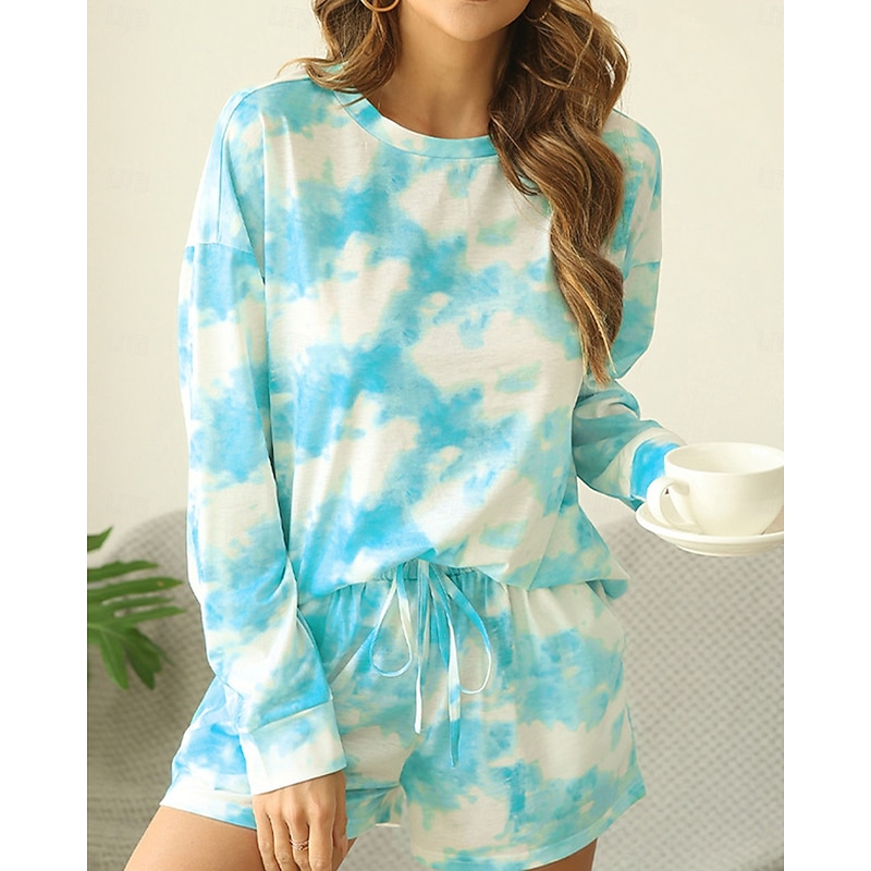 Women's Loungewear Pajama Set 2 Pieces Tie Dye Casual Comfort Home Comfort Crew Neck Long Sleeve Pullover Shorts Spring Fall Blue Home Outfits