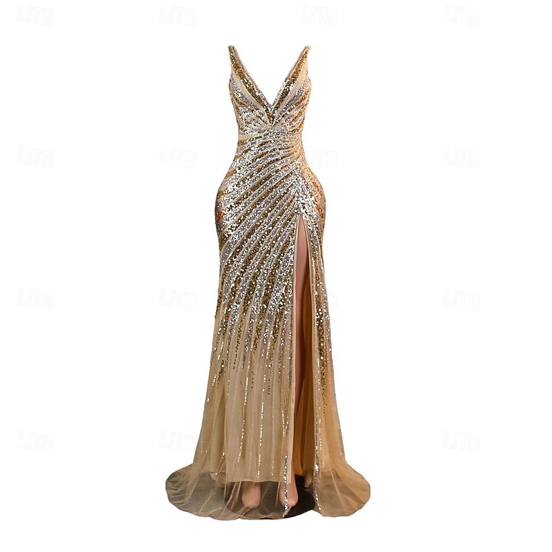 Mermaid Gold Evening Gown Sequined Elegant Dress Evening Party Engagement Court Train Sleeveless Queen Anne Fall Wedding Guest Backless with Beading Sequin Masquerade Dress