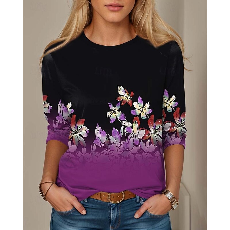 Women's T Shirt Casual Print Regular Tops Daily Black White Blue Purple Green Spring Fall4