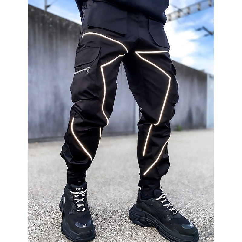 Men's Cargo Pants Trousers Casual Pants Drawstring Multi Pocket Reflective Strip Plain Comfort Soft Full Length Outdoor Daily Going out Fashion Streetwear Black White Micro-elastic