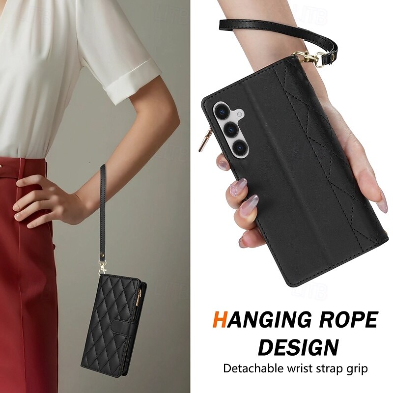 Phone Case For Samsung Galaxy S25 S24 S23 S23 FE S22 S21 Ultra Plus A55 5G A35 5G A25 A15 Wallet Case Magnetic Zipper with Lanyard Retro Geometric Pattern TPU PU Leather4