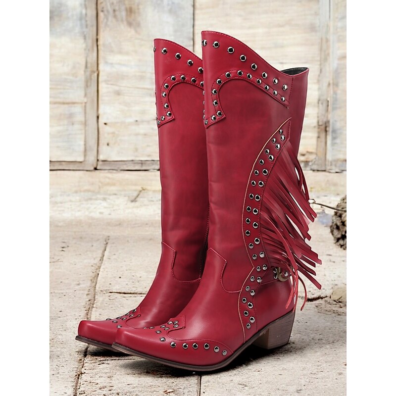 Women's Tan Western Cowboy Boots with Fringe and Studded Details, Vintage Knee-High Boots for Rodeo and Country Outfits2