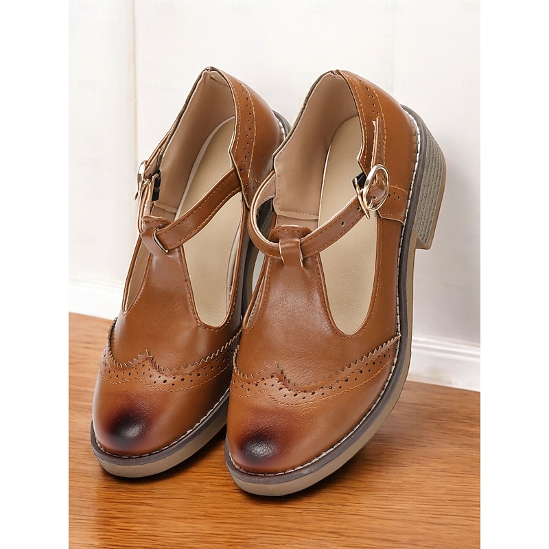 Vintage-Inspired Women's T-Strap Brogues - Elegant Leather Design with Detailed Perforations, Perfect for Business and Stylish Casual Wear2