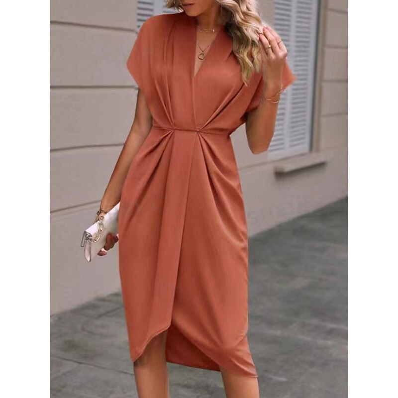 Women's Casual Dress Midi Dress Ruched Date Vacation Streetwear Basic V Neck Short Sleeve Black Pink Dark Green Color4