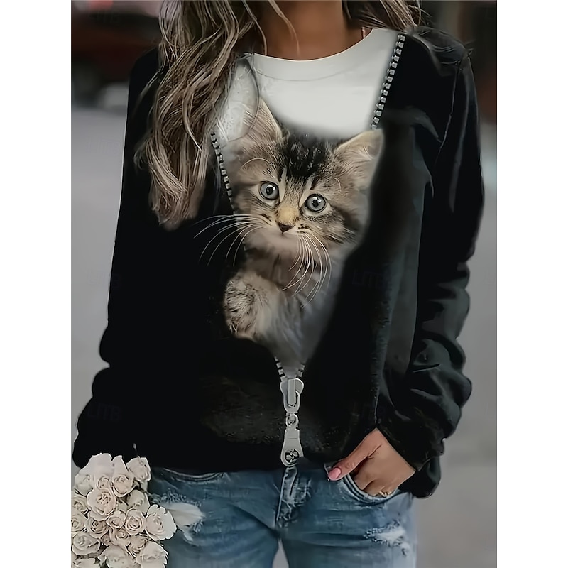 Women's T Shirt Pullover Casual Cat Street Casual Round Neck Print Long Sleeve Black Winter Spring &  Fall