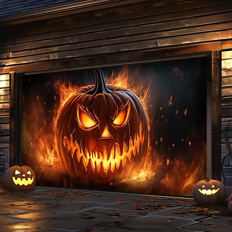 Halloween Door Decorations Outdoor Halloween Garage Door Cover Jack O Lantern Banner Pumpkin Skeleton Outside Large Backdrop Decoration for Holiday Outdoor Garage Door Home Wall Decorations3