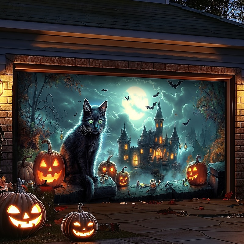 Halloween Door Decorations Outdoor Halloween Garage Door Cover Jack O Lantern Banner Pumpkin Skeleton Cat Large Backdrop Decoration for Holiday Outdoor Garage Door Home Wall Decorations 9