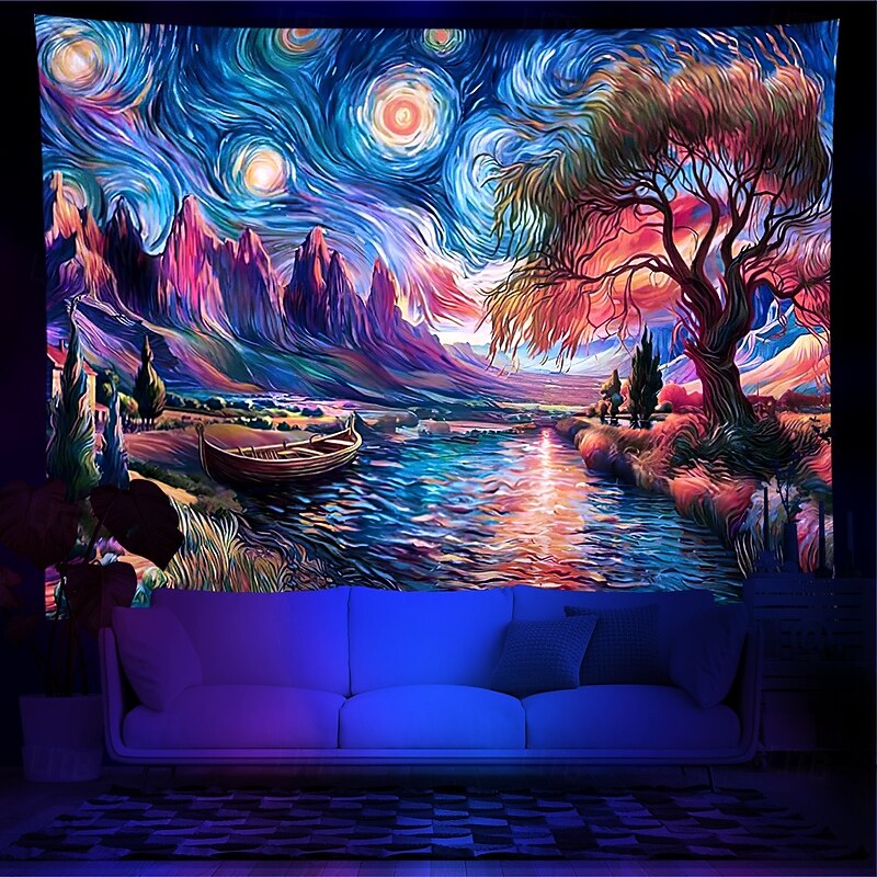 Blacklight Tapestry UV Reactive Glow in the Dark Glow Party Starry Sky Psychedelic Trippy Misty Nature Landscape Hanging Tapestry Wall Art Mural for Living Room Bedroom