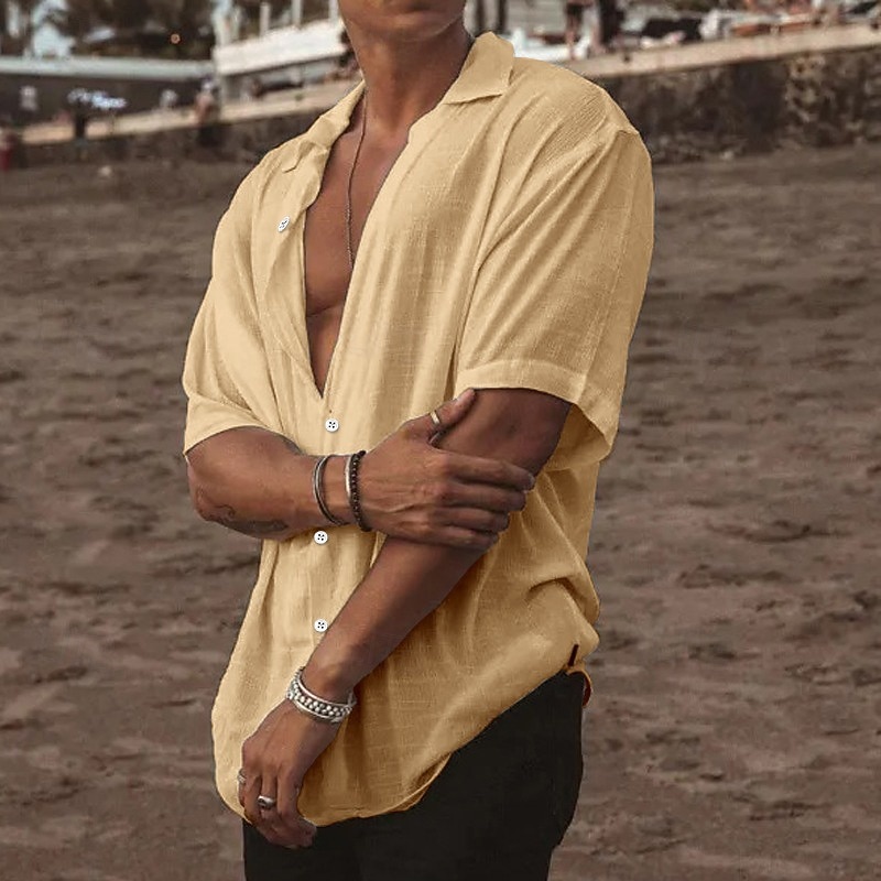 Men's Summer Shirt Beach Wear Button Up Shirt Plain Vacation Curise White Blue Khaki Gray Short Sleeve Turndown Summer Clothing Apparel4