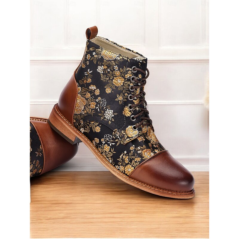 Women's Floral Print Lace-Up Ankle Boots – Retro Faux Leather and Jacquard Fabric Boots for Fall and Winter Casual Wear