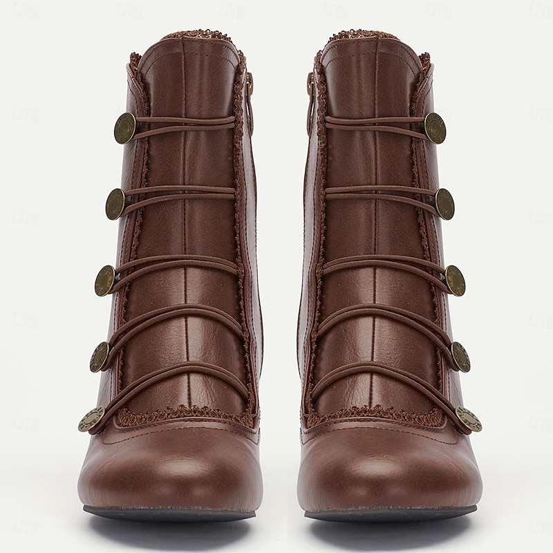 Women's Brown Vintage Victorian Lace-Up Ankle Boots with Button Details and Mid Heel for Cosplay, Historical Reenactments, and Everyday Wear4
