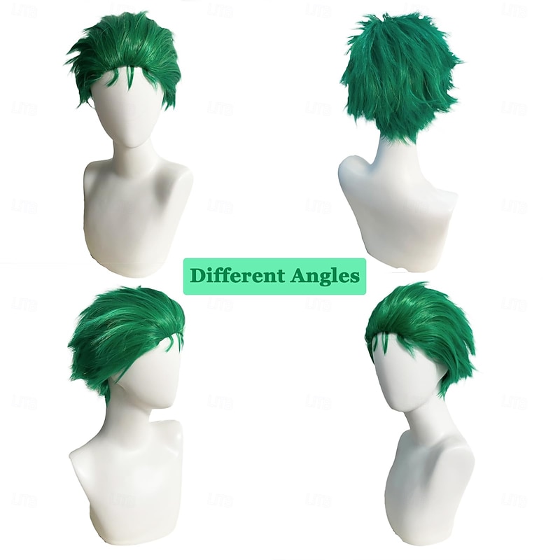 Green Spiky Short Wig Layered Wig for Men for Anime Cospaly Costume Staight Synthetic Wig for Carnival Christmas Event with Wig Cap St.Patrick's Day Wigs