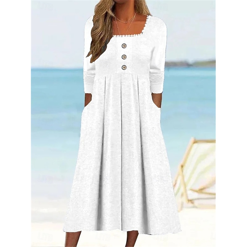 Women's Casual Dress Midi Dress Patchwork Button Vacation Streetwear Basic Square Neck 3/4 Length Sleeve Black White Wine Color2