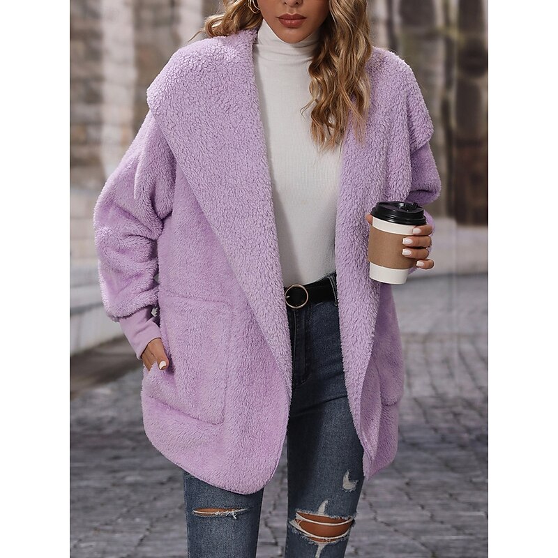 Women's Fleece Jacket Teddy Coat Hoodie Jacket Warm Breathable Pocket Fleece Lined Casual Plain Vacation Street Daily Wear Going out Open Front Hoodie Regular Fit Long Sleeve Outerwear Black Purple3